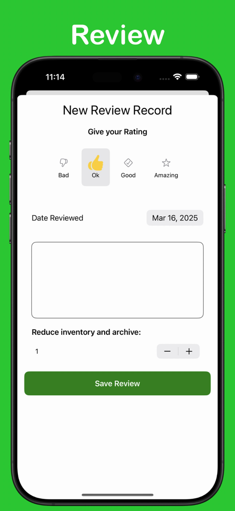 Pantalla de la aplicación móvil Ash Tag para registrar una nueva reseña de puros con iconos de calificación y notas