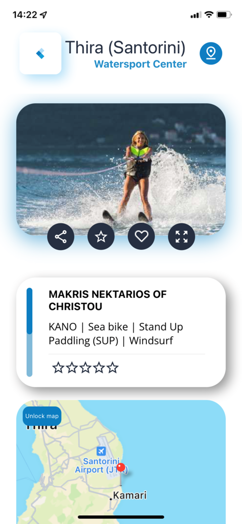 SafeWaterSports - SafeWaterSports app interface showing a watersport center in Thira Santorini with a map and activity details