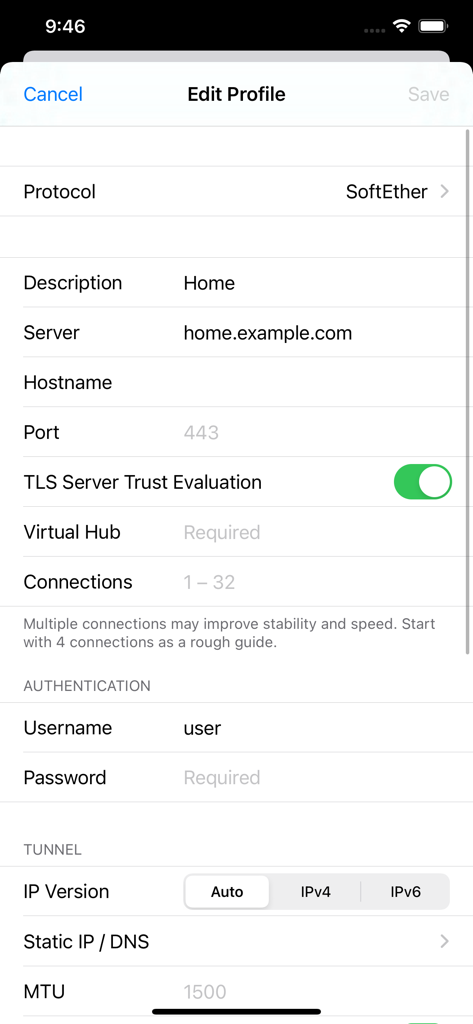 Schermata Modifica Profilo nell'app SSTP Connect per la configurazione di SoftEther VPN