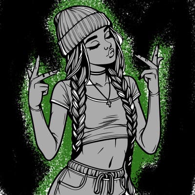 realistic teenage girl with braids and a beanie and crop top doing 🫶🏼