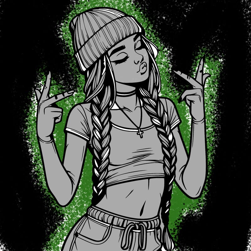 realistic teenage girl with braids and a beanie and crop top doing 🫶🏼