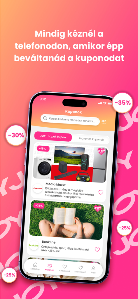 JOY Hungary mobile app showing digital discount coupons for brands like Media Markt and Bookline on a smartphone.