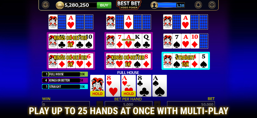 Best Bet Video Poker multi-play interface with multiple winning card hands