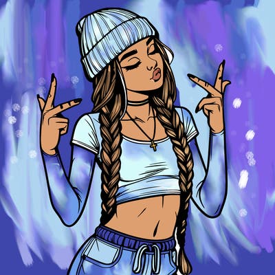 realistic teenage girl with braids and a beanie and crop top doing 🫶🏼