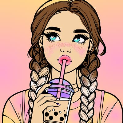 realistic girl with braided hair drinking boba