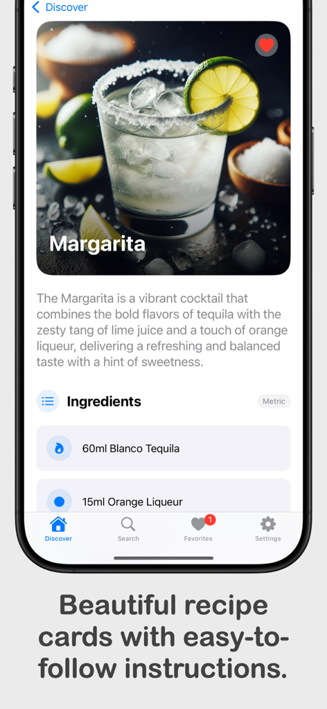 Cocktail Codex - Una tarjeta de receta detallada de Margarita en la aplicación Cocktail Codex, mostrando ingredientes y una imagen profesional del cóctel.