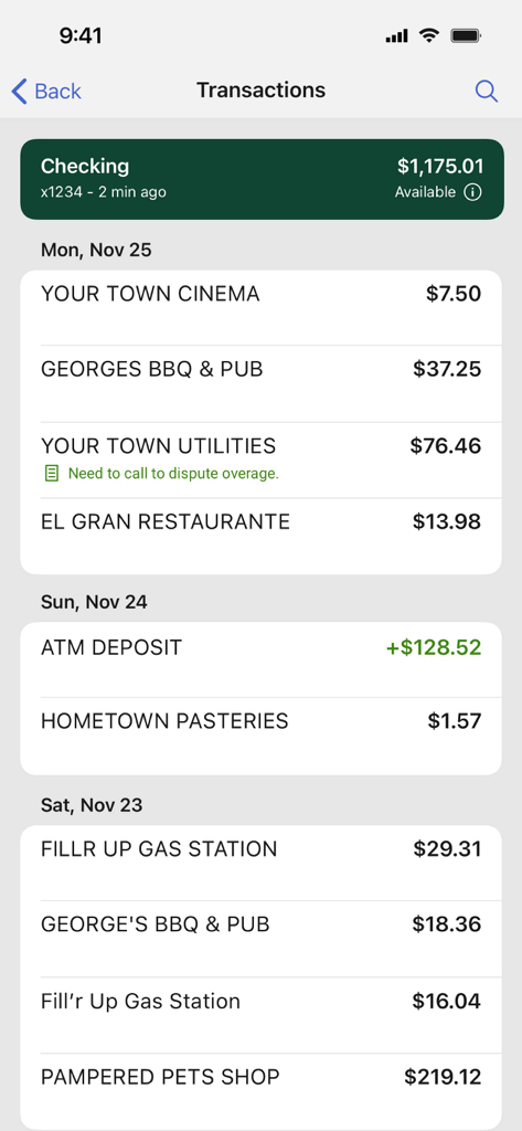 Guaranty Bank & Trust - Mobile app screen showing a checking account transaction history with recent purchases and deposits for Guaranty Bank and Trust