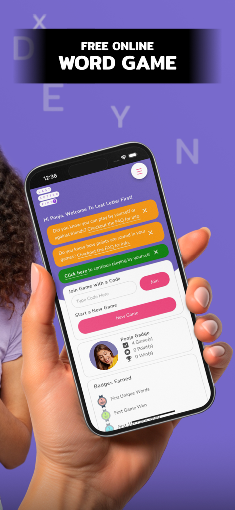 Last Letter First:  Word Game - A person holding a smartphone showing the home screen dashboard of the Last Letter First word game app