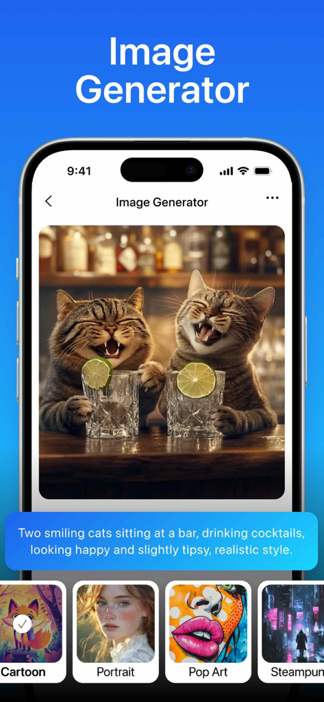 Mary AI Video Image Generator - Mary AI app interface showing an AI generated image of two smiling cats at a bar with art style options like Cartoon and Portrait.