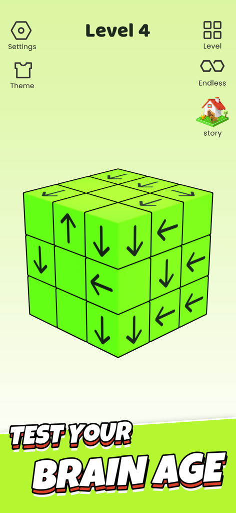 Take Away - Tap 3D Blocks Out - Take Away Tap 3D Blocks Outのゲームプレイ画面。矢印が付いた緑色の3Dキューブパズルが表示されています。