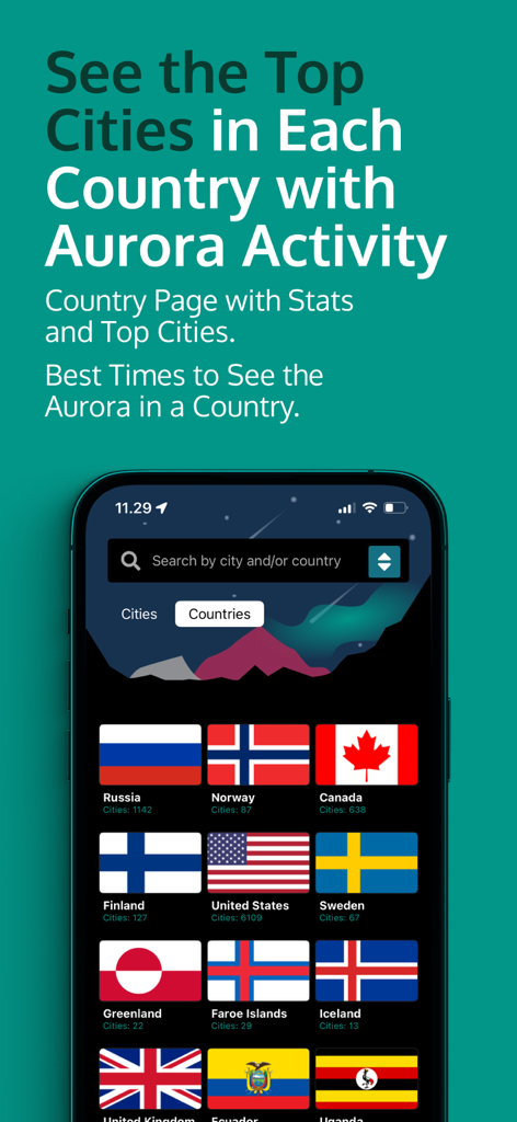 AuroraReach - AuroraReach app interface showing a list of countries with flags to track northern lights activity and top cities