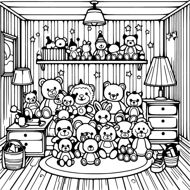 a room full of stuffed animals and full of lights