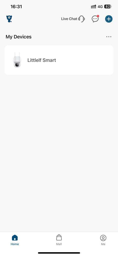 Pantalla de inicio de la aplicación Littlelf Smart mostrando la lista de mis dispositivos con un icono de cámara de seguridad conectada.