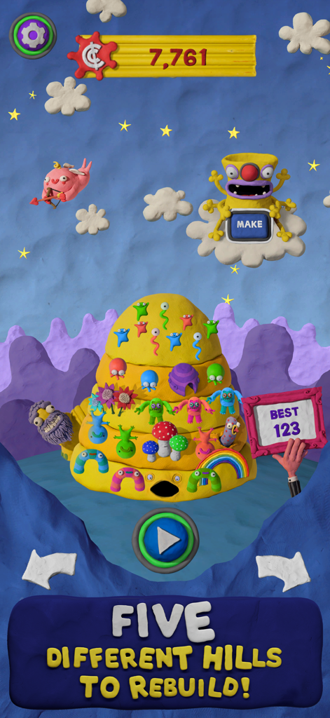 Clay Jam Classic - Clay Jam Classic screenshot showing a central clay hill covered in colorful monsters and the text five different hills to rebuild