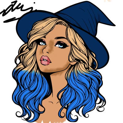 realistic witch girl with wavy hair and lips
