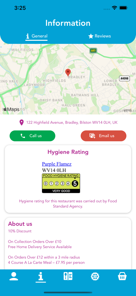 Purple Flamez app information screen showing restaurant location map and a five star hygiene rating
