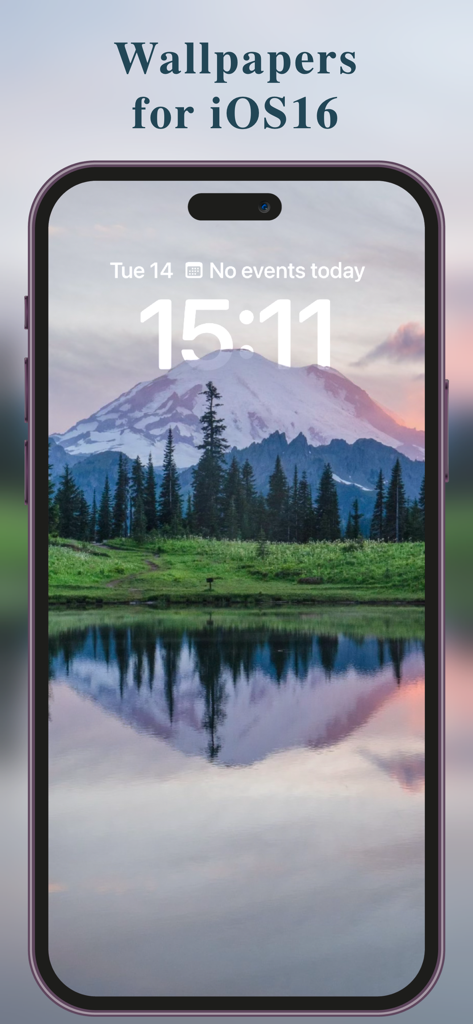 Color Themes: App Icons,Widget - Écran de verrouillage iPhone affichant un fond d'écran de paysage naturel pittoresque avec un reflet de montagne dans un lac