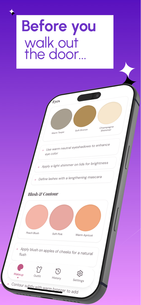 GlowFit: Makeup & Style AI - Interfaz de la aplicación GlowFit mostrando paletas de colores de maquillaje personalizadas y consejos de estilo para ojos y colorete.