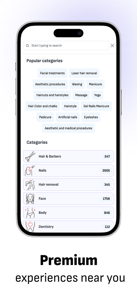 Reservation.Studio - Search screen of the Reservation Studio app showing various service categories including hair, nails, and body treatments.
