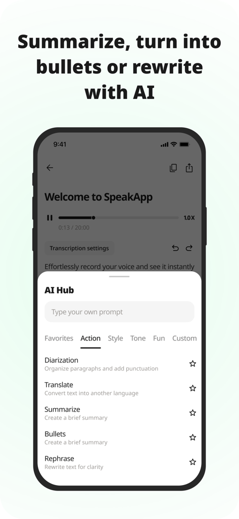 SpeakApp AI: Voice Notes - Interfaz de SpeakApp AI mostrando opciones del Hub de IA para resumir, traducir y parafrasear grabaciones de voz
