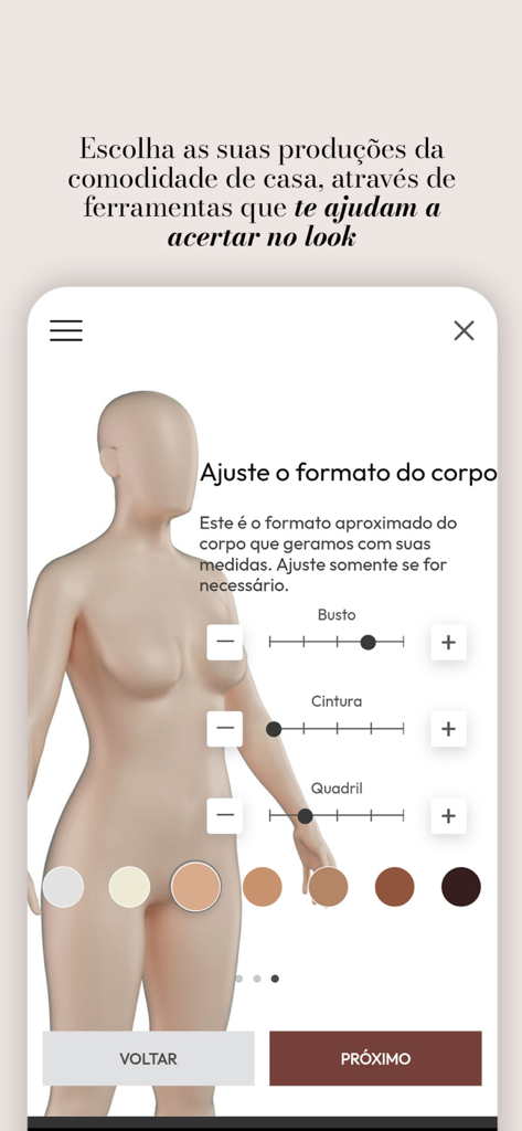 Shop2gether - Interface do aplicativo Shop2gether para ajustar a forma do corpo de um manequim virtual para ajuste de moda personalizado