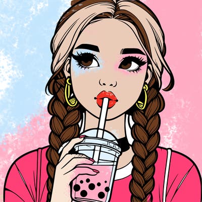 realistic girl with braided hair drinking boba