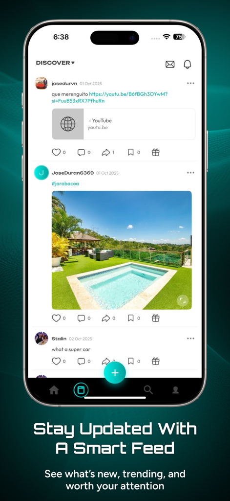 Rumpi - Rumpi app interface showing a smart feed with user posts photos and social engagement buttons