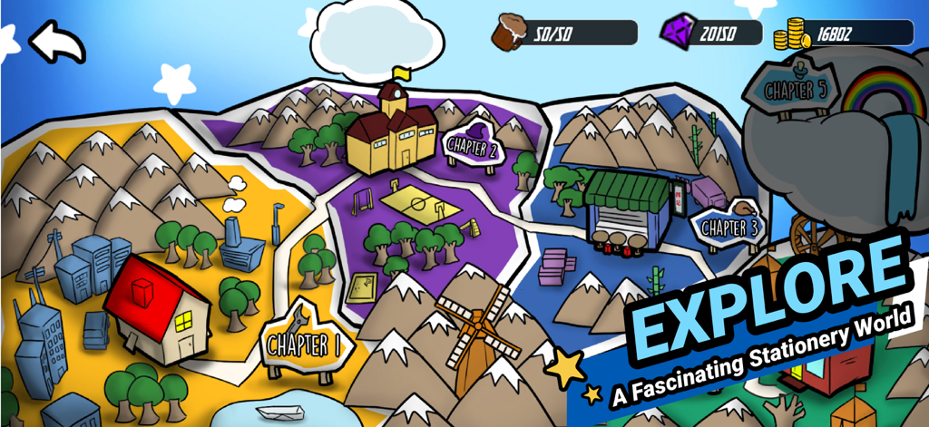 In-game world map of Stationery Heroes featuring various chapters and regions in a comic art style