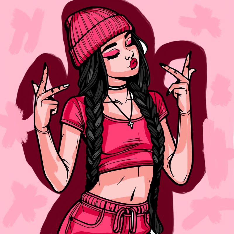 realistic teenage girl with braids and a beanie and crop top doing 🫶🏼