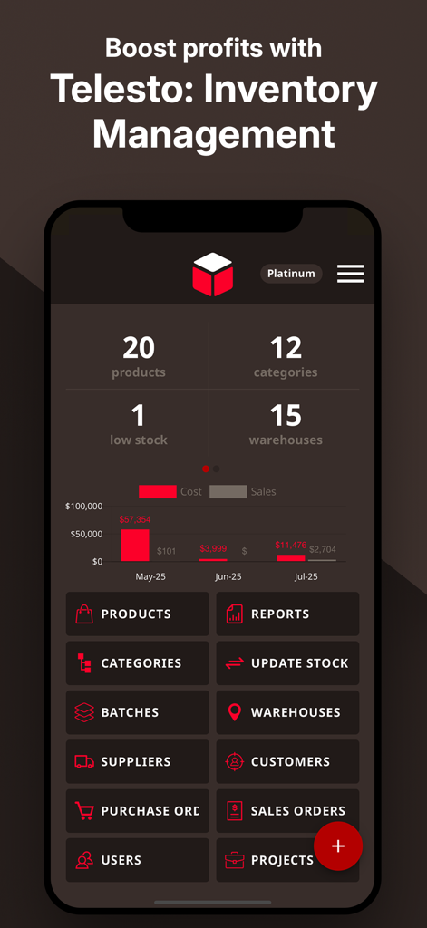 Telesto: Inventory Management - Telesto inventory management app dashboard showing product statistics and warehouse metrics on a mobile screen