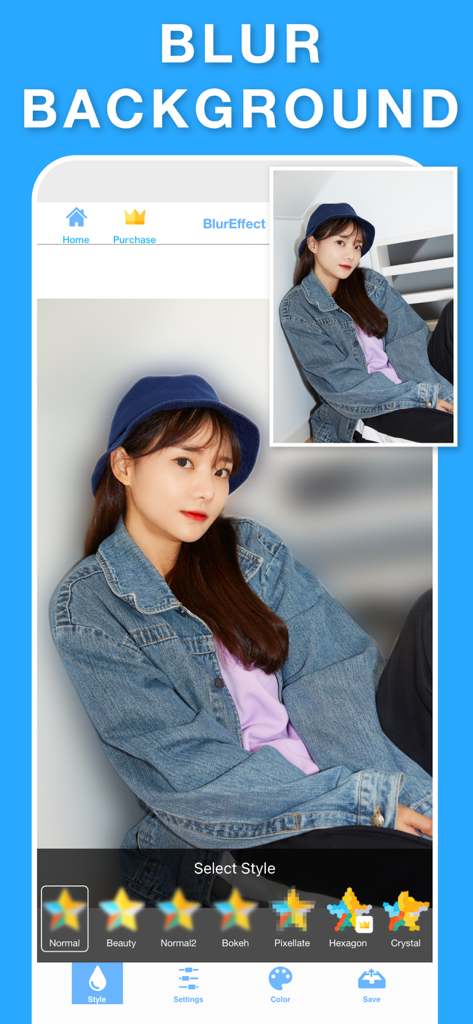 Blur Video & Photo BlurEffect - App interface showing a portrait photo with a professionally blurred background effect