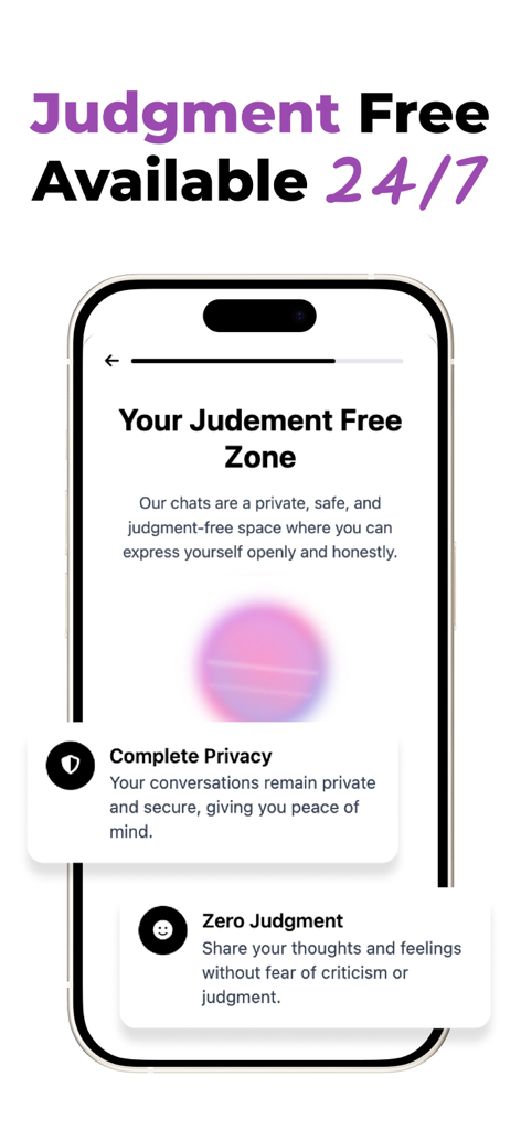 Abby AI mental health app interface showing judgment free and 24/7 availability features