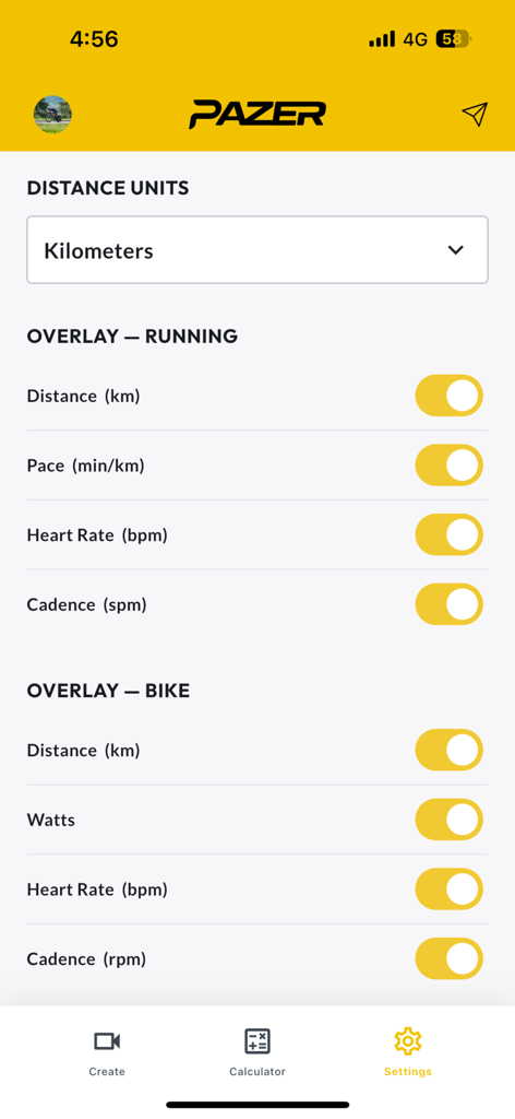 Pazer app settings screen showing toggle options for running and cycling video data overlays like heart rate and pace