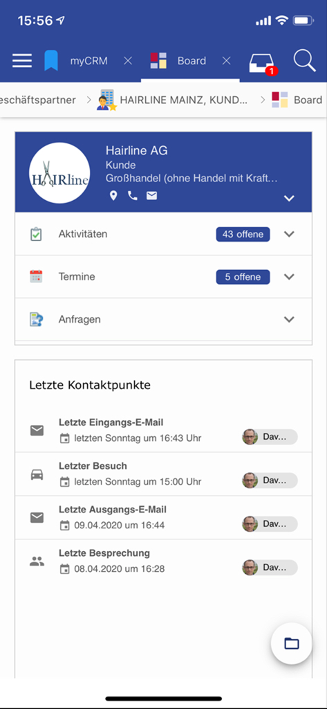 CURSOR - CURSOR CRM mobile app interface showing a detailed client profile with open tasks and recent contact history