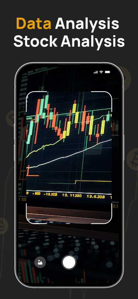 Chart AI: Data Stock Analysis - Smartphone camera scanning a candlestick trading chart for AI stock analysis