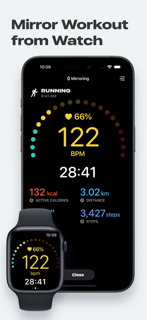 Application Zones for Training affichant en miroir un entraînement de course à pied de l'Apple Watch sur un iPhone montrant la fréquence cardiaque et la durée