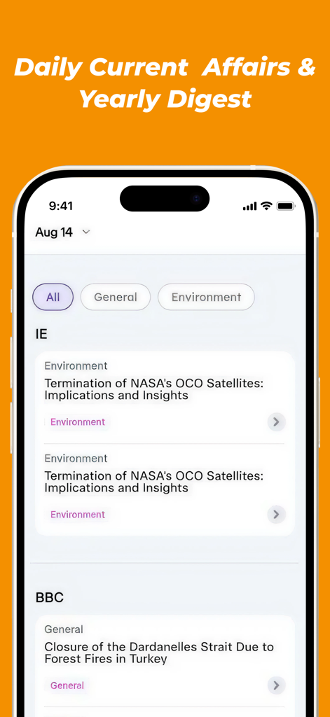 PrepAiro: UPSC CSE Prep 2026 - PrepAiro app interface showing categorized daily current affairs news summaries from global and Indian sources.