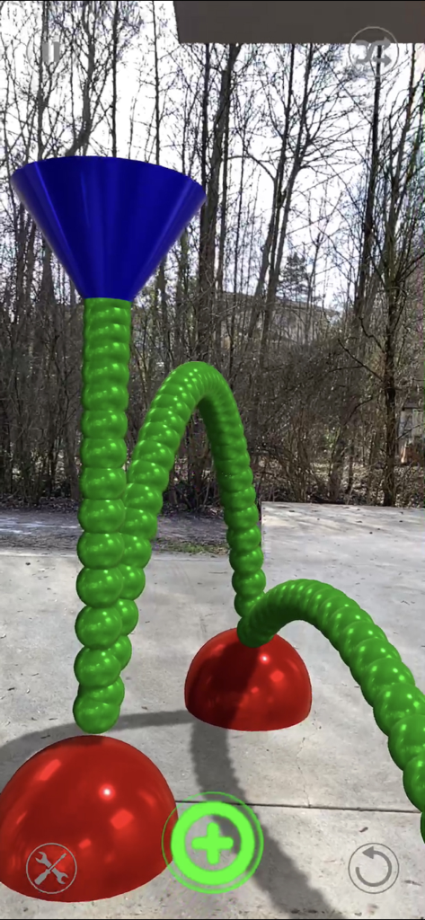 Sound Drop AR - Augmented reality interface showing green spheres bouncing off red reactors to create music in an outdoor environment