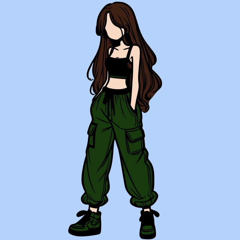 girl in baggy pants crop top and long hair