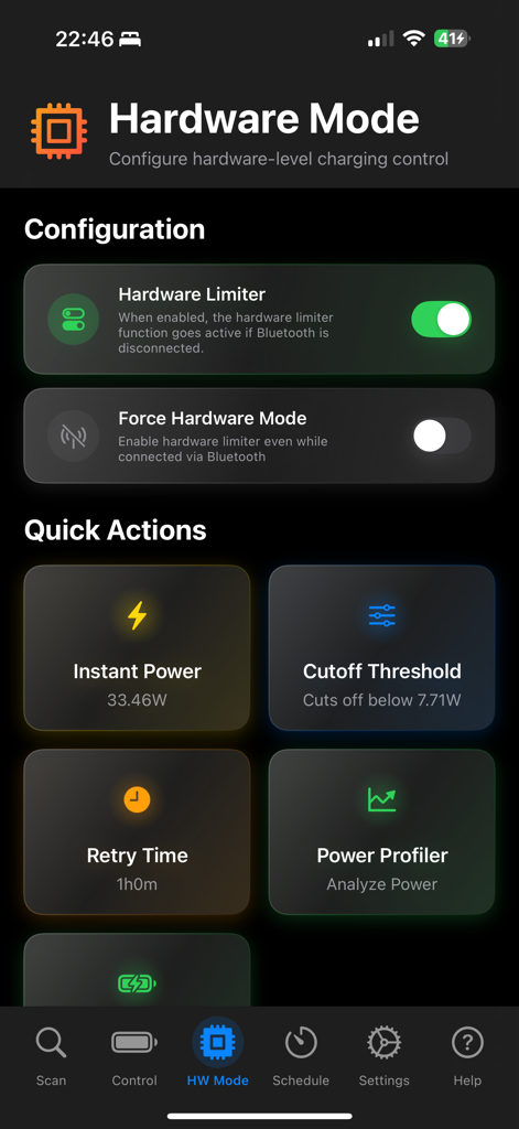 Interface de l'écran du mode matériel de l'application Chargie montrant la configuration de la charge et les statistiques d'alimentation.