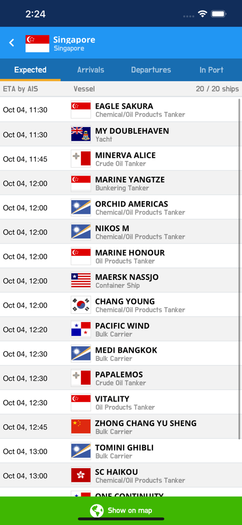 Mobile app screen showing expected ship arrivals at the Port of Singapore with vessel names and arrival times