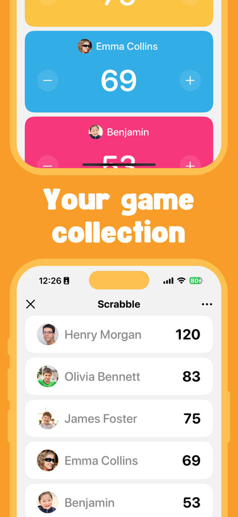A digital scoreboard interface showing player rankings and scores for a board game