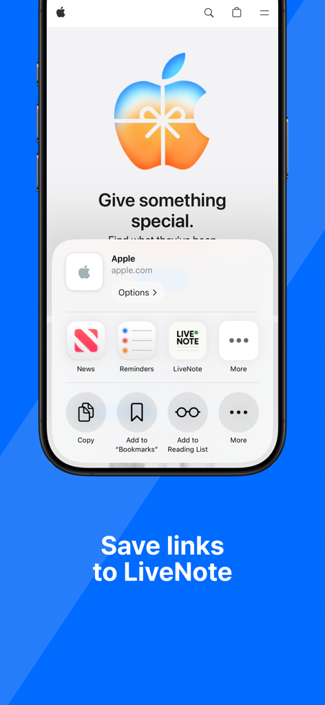 LiveNote: Note on Lock Screen - iPhone screen showing the iOS share sheet with the LiveNote icon to save a link from the web browser.