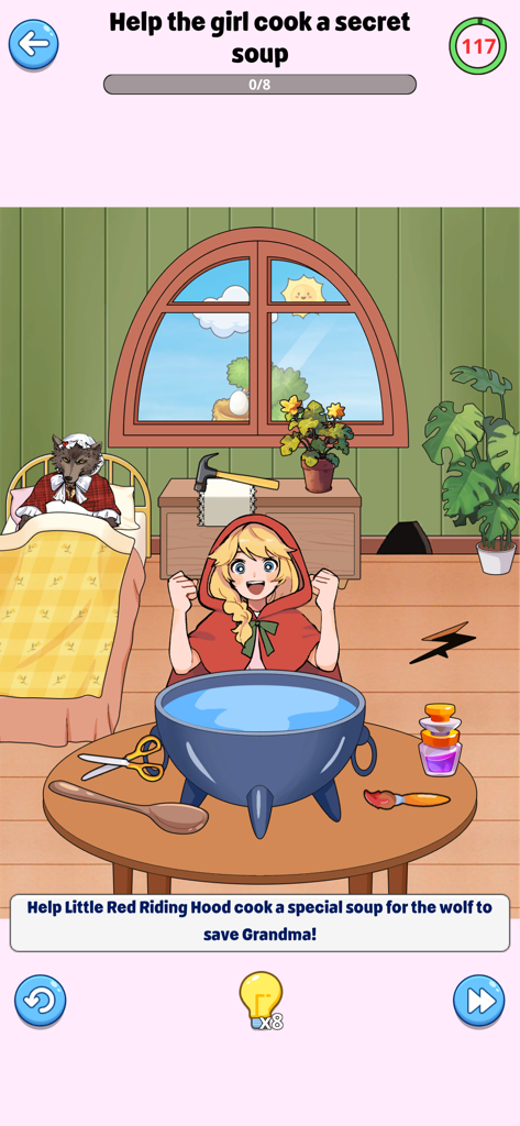 Brain Up - Drama Puzzle Game - Little Red Riding Hood cooking a secret soup in a cauldron to save Grandma from a wolf in a Brain Up puzzle level.