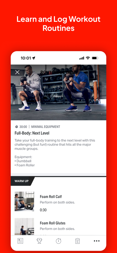 Map My Ride With GPS Tracker - Pantalla de la aplicación Map My Ride que muestra una rutina de ejercicios de cuerpo completo con guías de video