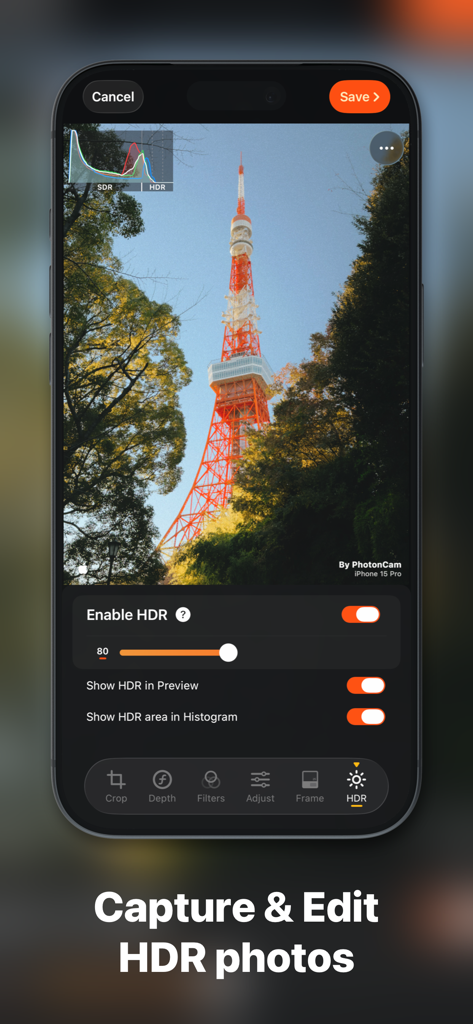PhotonCam: Extendable Pro Cam - Interfaz de la aplicación móvil PhotonCam que muestra controles profesionales de captura y edición HDR para una foto de alta resolución