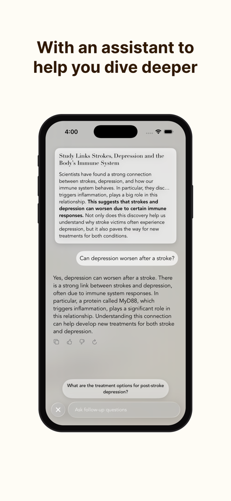 Interface do aplicativo Ponder AI mostrando um assistente de IA respondendo a perguntas de acompanhamento sobre um resumo de artigo de notícia.