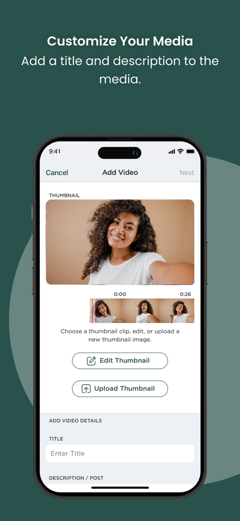 Partner.Co Share - Interface pour personnaliser le contenu des médias avec modification du titre et de la miniature dans l'application Partner.Co Share