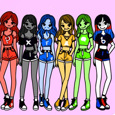 a group of girls wearing crop tops and shorts