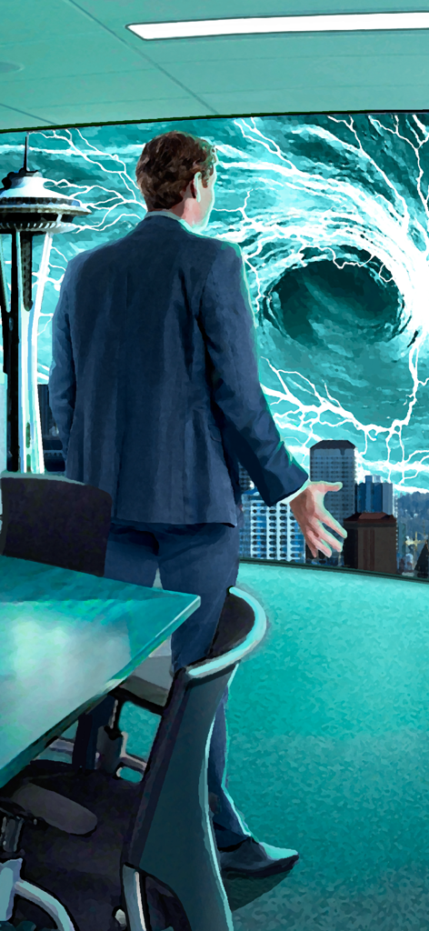 MetaHuman Inc. - A man in a business suit looks out of an office window at a large blue swirling energy vortex over a city skyline